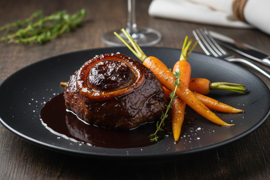 Svinekjake med ovnsbakt gulrot og rødvinssaus