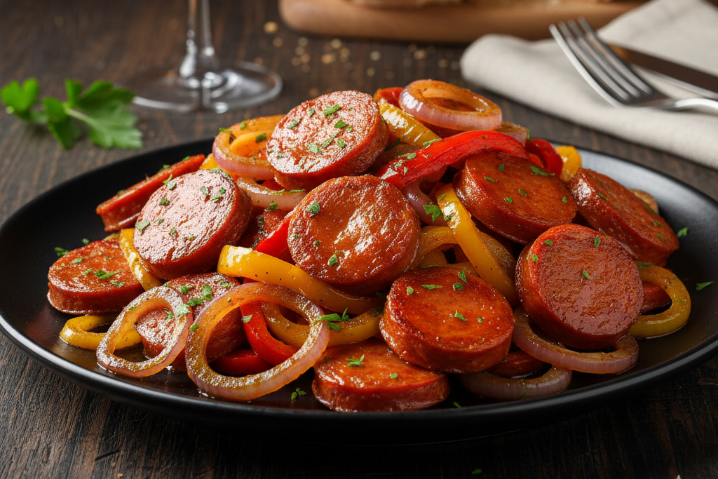 Chorizo med stekt løk og paprika