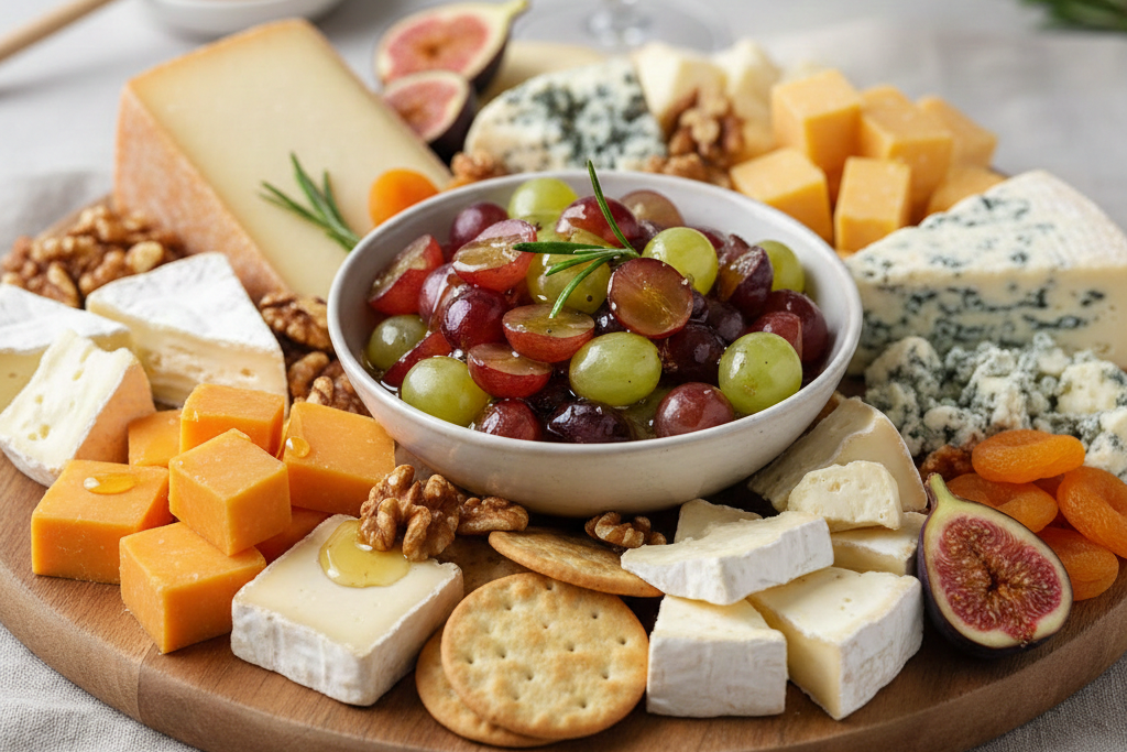 Ostevariasjon med drue- og honningkompott.