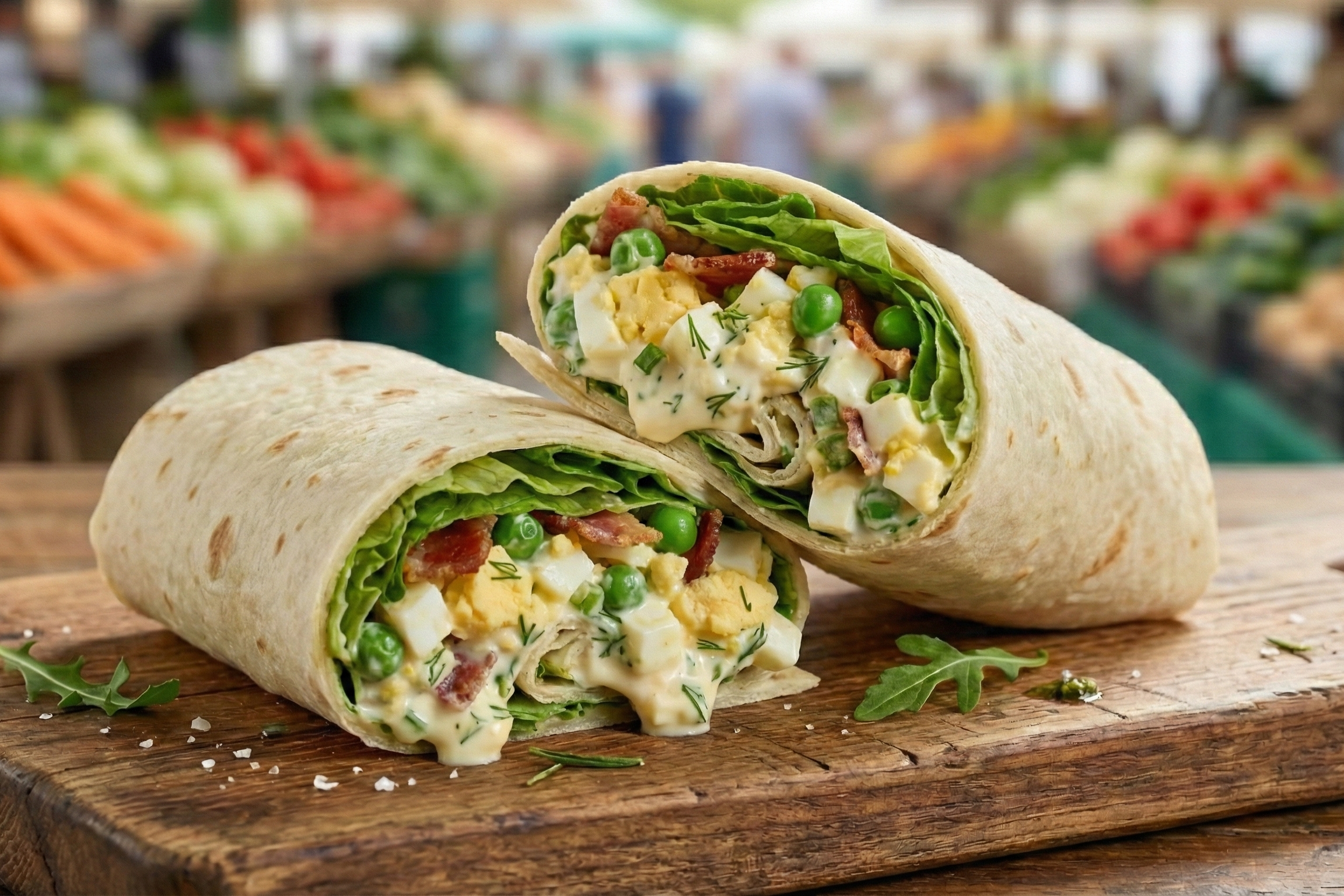 Wraps med eggesalat, erter, løk, crème fraiche, salat og bacon