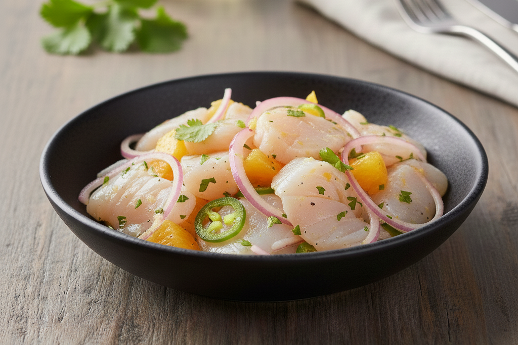 Ceviche av torsk og kamskjell med løk og appelsinvinaigrette