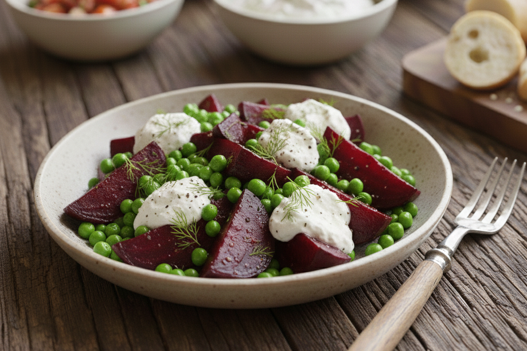 Bakt rødbete med erter og chevrekrem