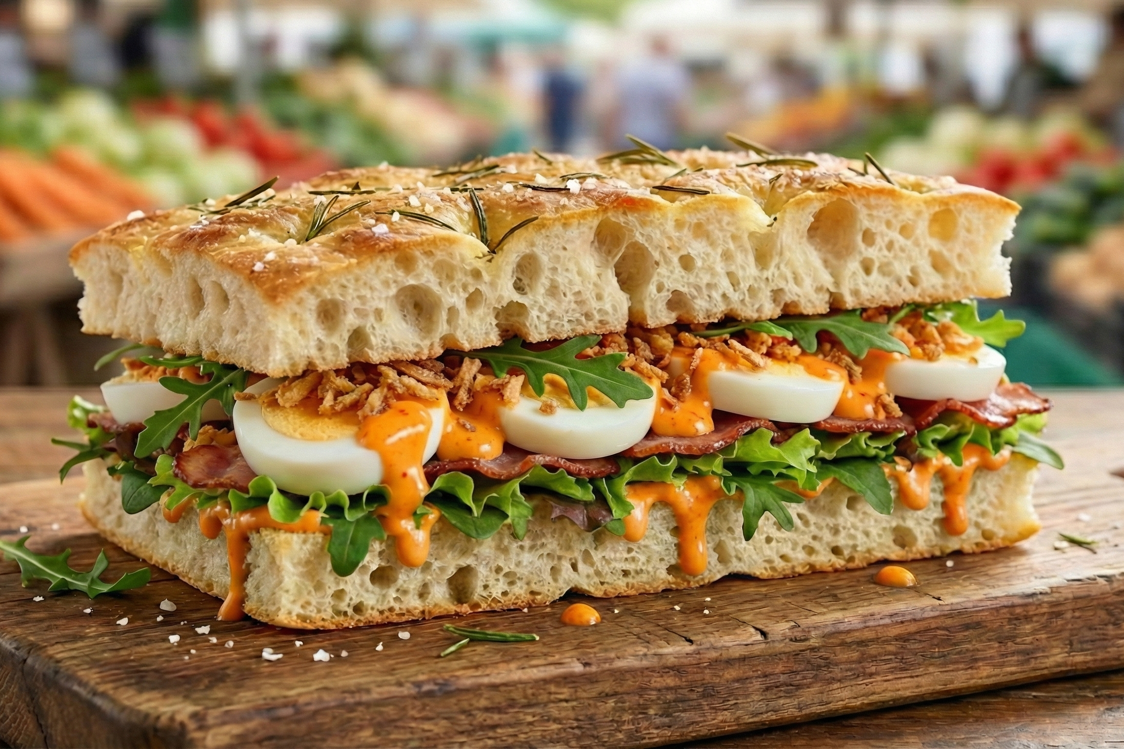 Focaccia med hardkokt egg, chilimajones med sprøløk, salat og bacon