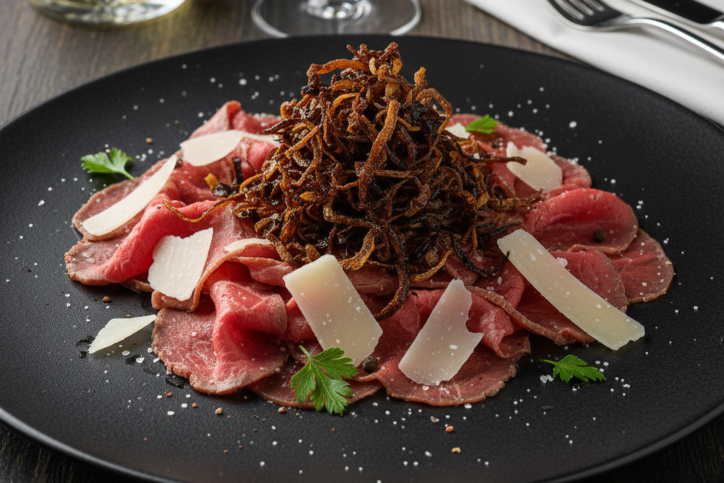 Carpaccio av ytrefilet med parmesan, fritert løk og pepperglace