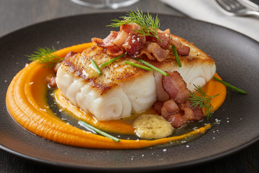 Torsk med bacon, brunet smør og gulrotpure