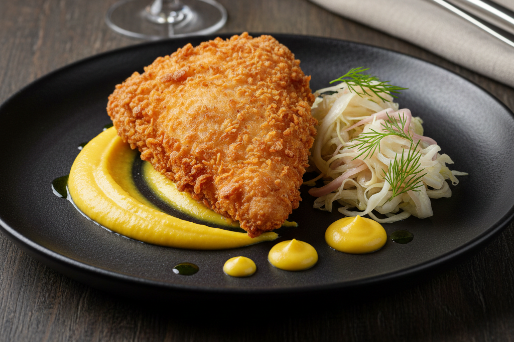 Fritert kylling med maiskrem og syltet nykål