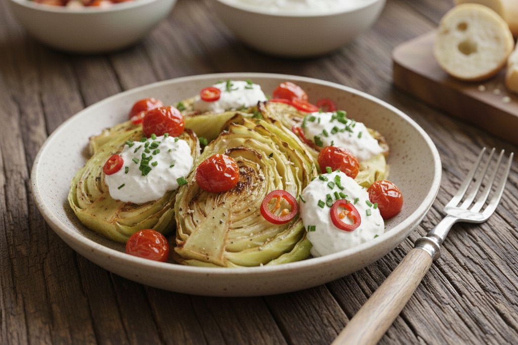 Hvitvinsbakt nykål med bakt små tomater med urtekrem og chili