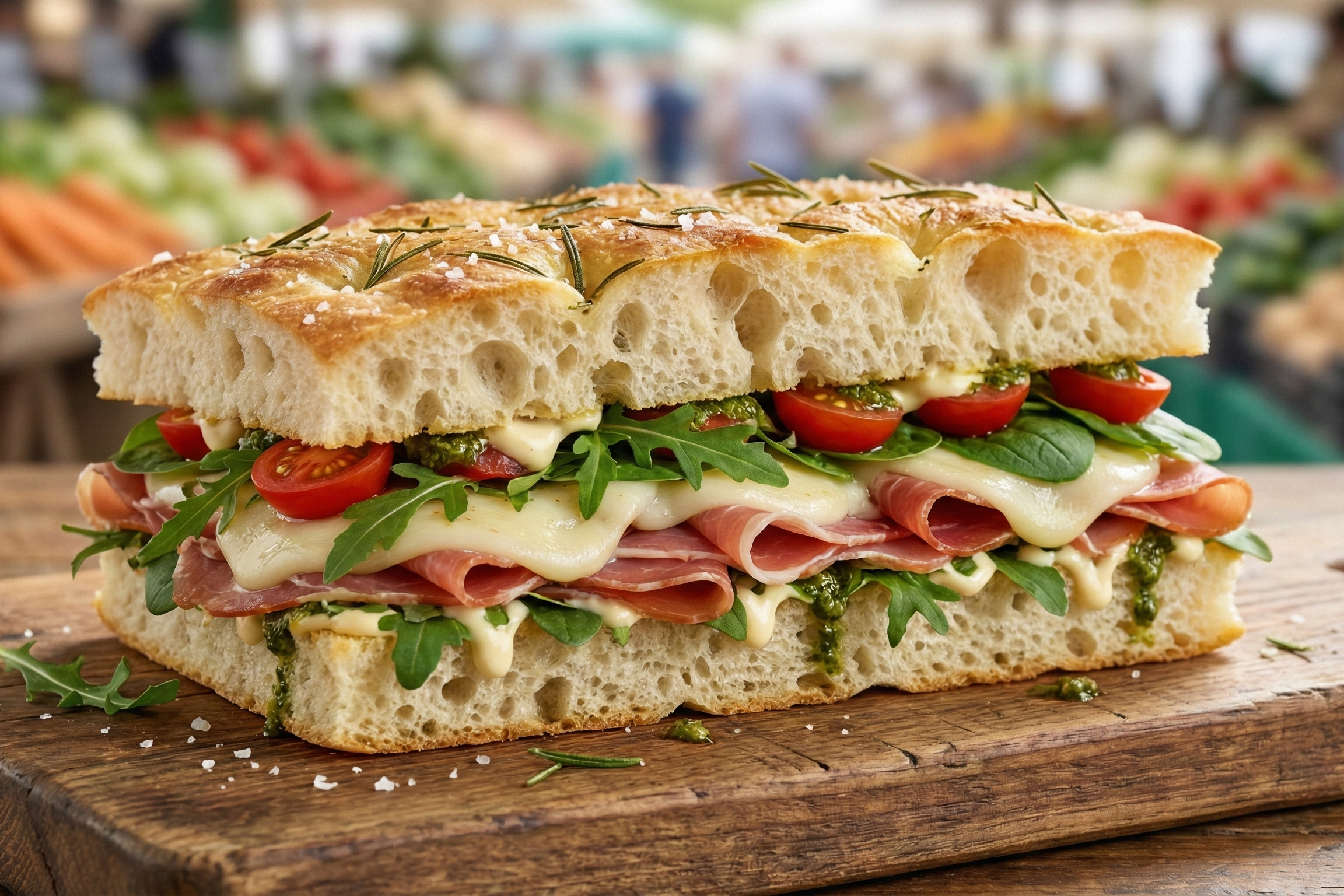 Focaccia med ost, skinke, salat, tomat, aioli og pesto.