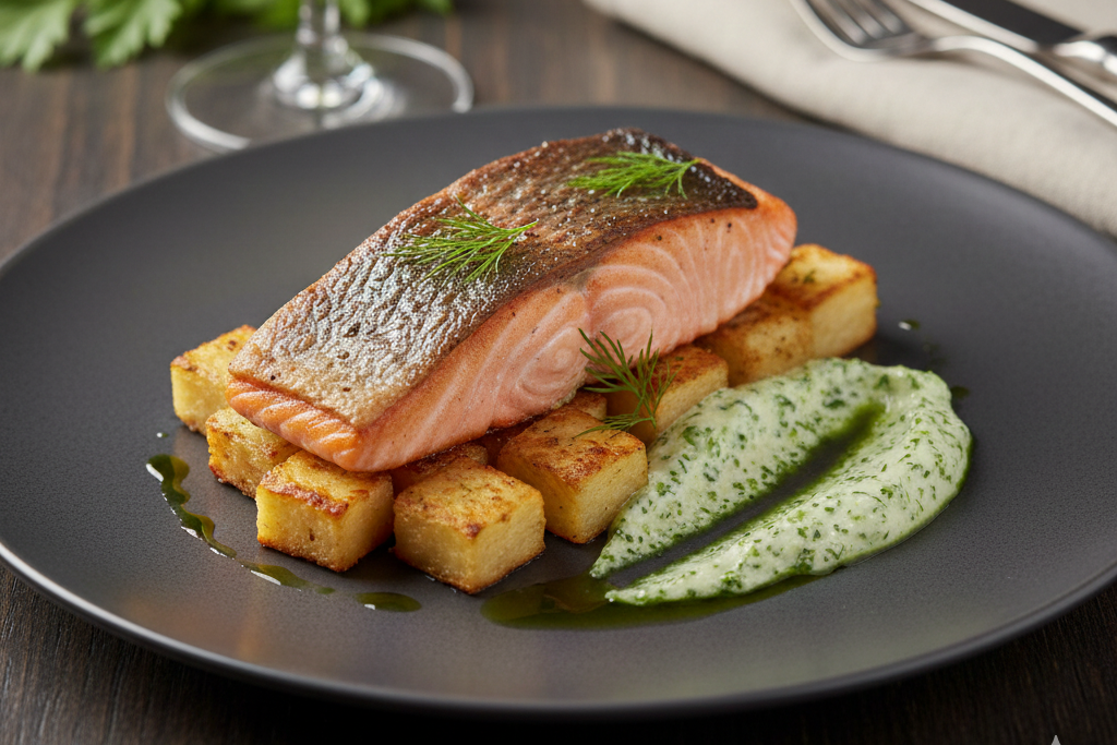 Grillet laks med persillekrem og ovnsbakt sellerirot