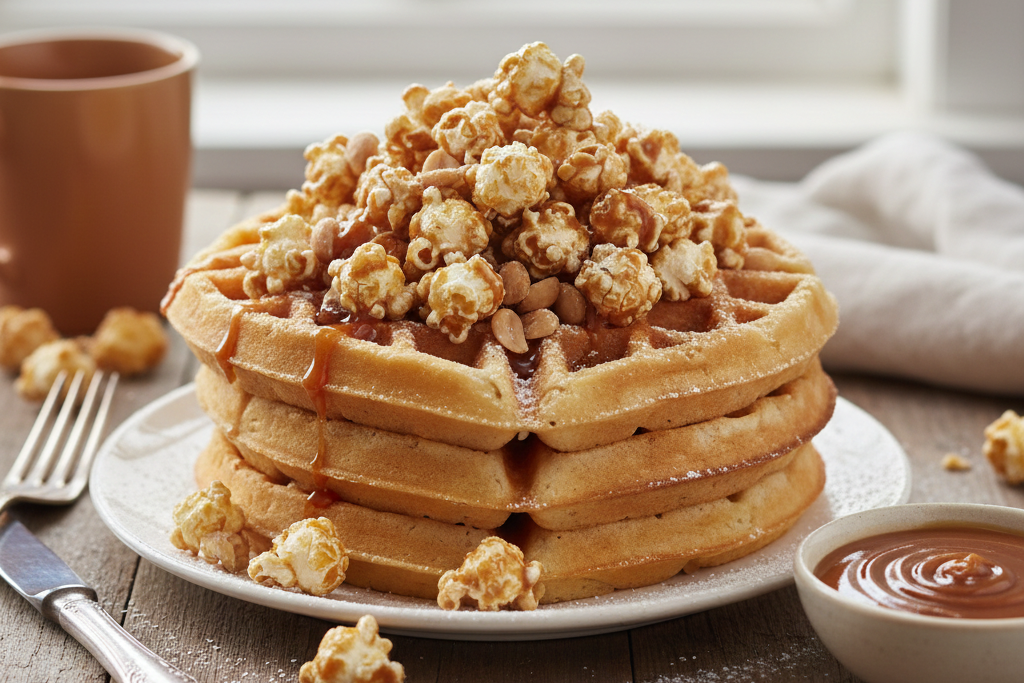 Hjemmelagde vafler med karamellisert popcorn
