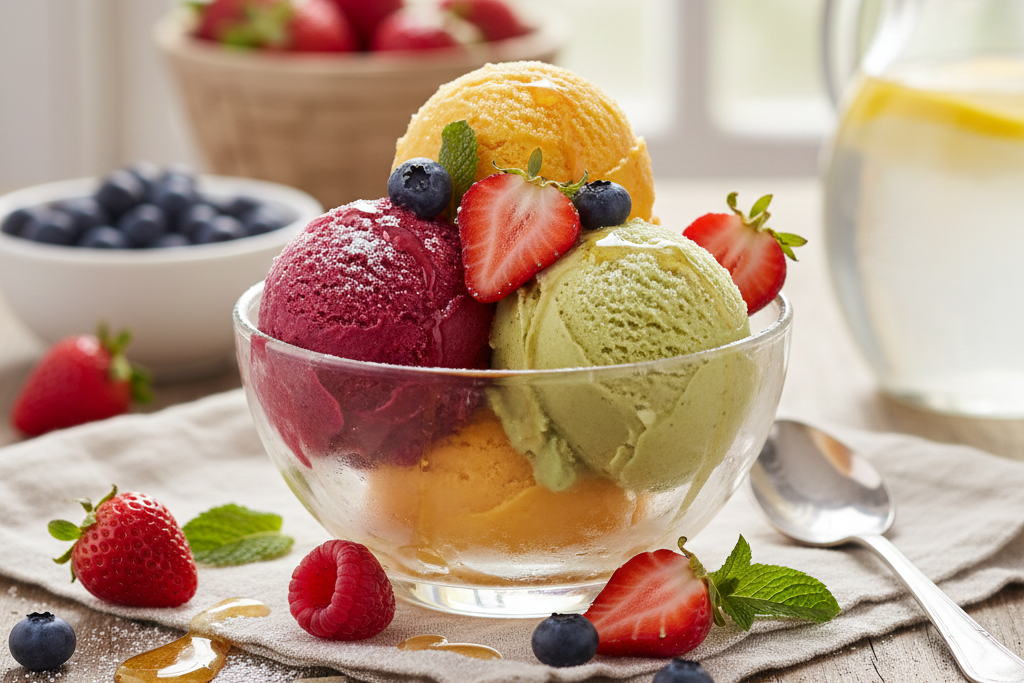 Hjemmelaget sorbet på sesongens frukt og bær