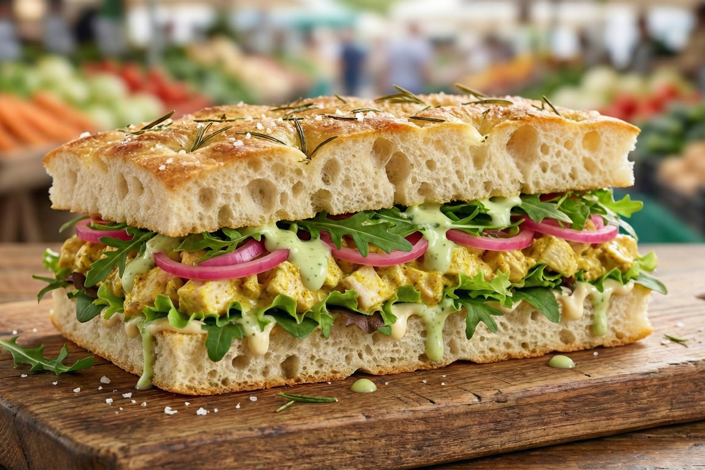 Focaccia med kyllingcurry, syltet løk, salat og limedressing.