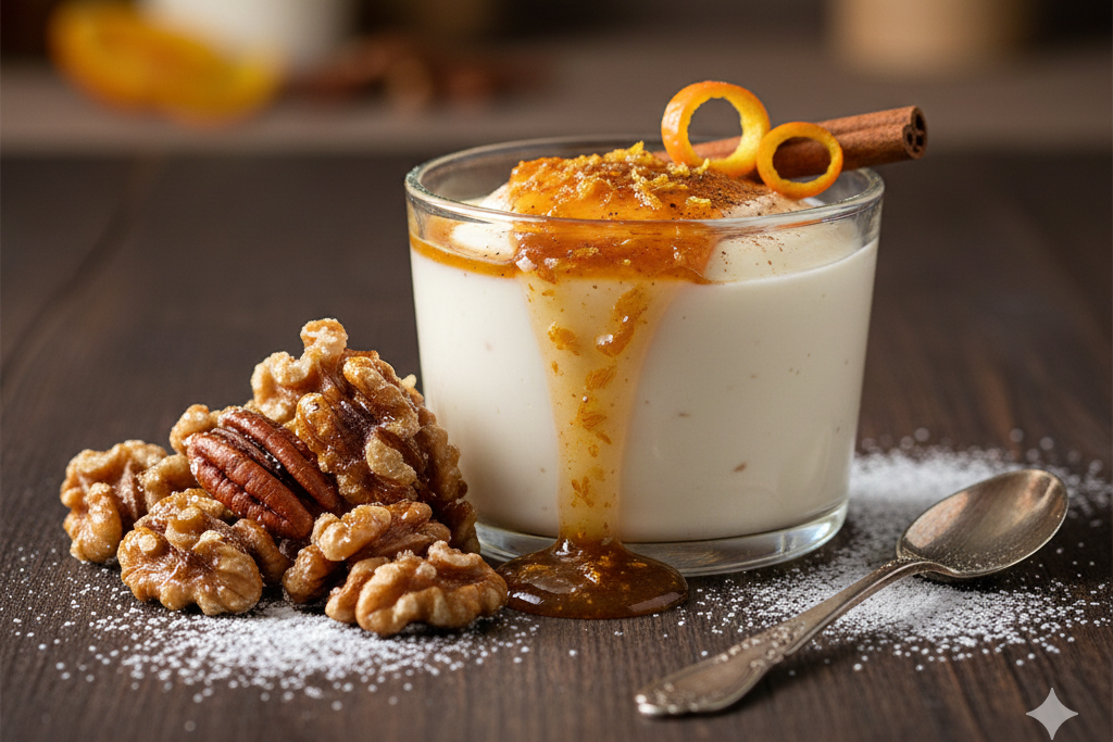 Pannacotta med appelsin og kanel, servert med karamelliserte nøtter