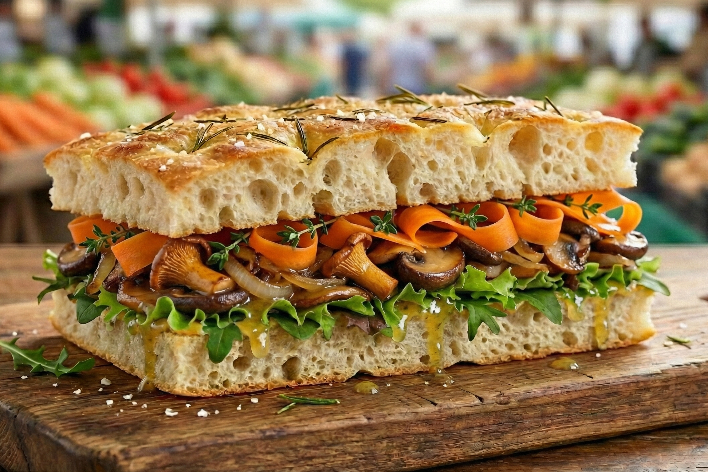 Focaccia (vegansk) med ovnsbakt sopp, løk, timian, syltet gulrot og sitrus